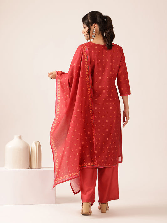 Rust Red Block Print Straight Mul Cotton Stitched Kurta set