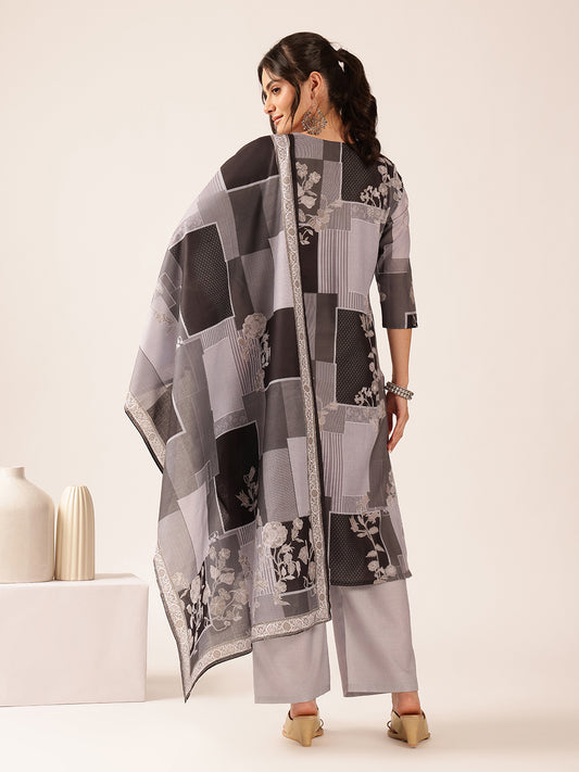 Grey & Black Block Print Straight Mul Cotton Stitched Kurta Set