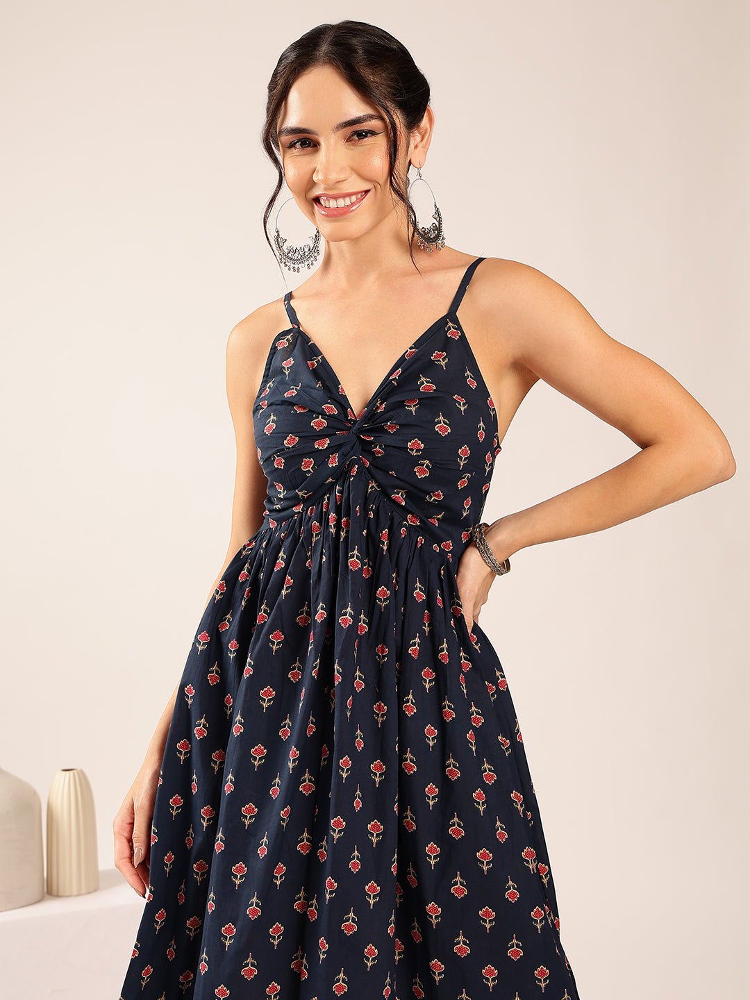 Blue Floral Flared Cotton Stitched Dress
