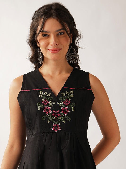 Black Floral A-Line Cotton Tunic