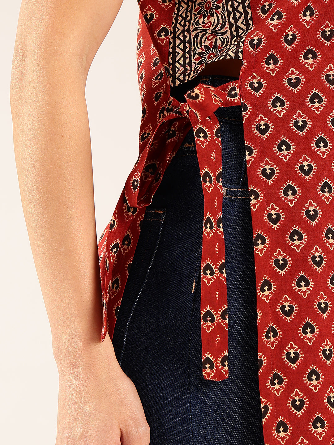 Maroon Ajrakh Straight Cotton Stitched Kurta