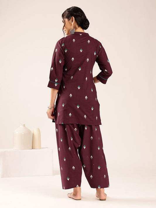 Dark Purple Ikkat Straight Cotton Stitched Kurti With Palazzo