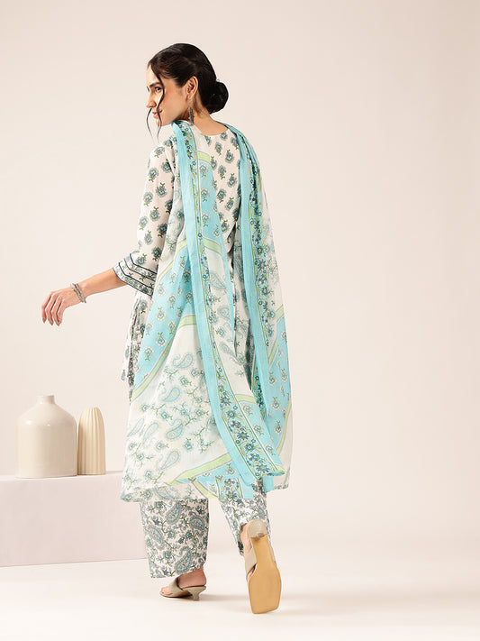 Off White & Sky Blue Floral Straight Cotton Stitched Kurta Pant With Dupatta