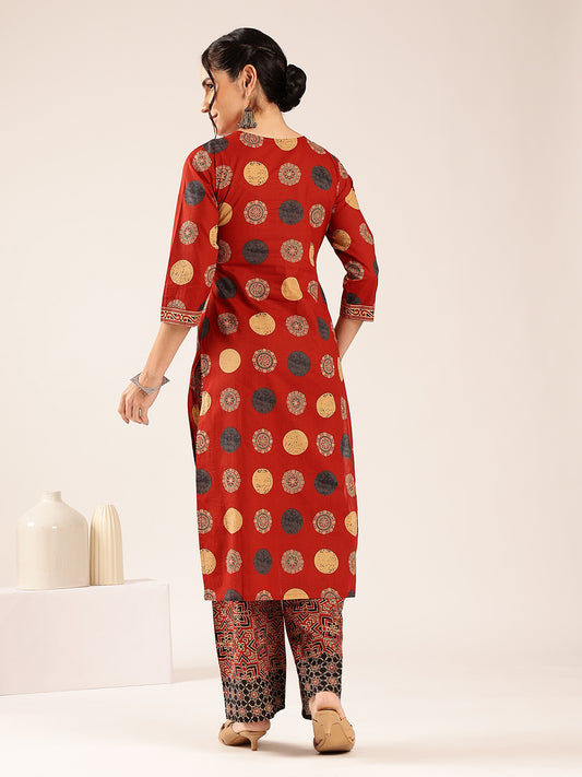Red Ajrakh Straight Cotton Stitched Kurta With Palazzo