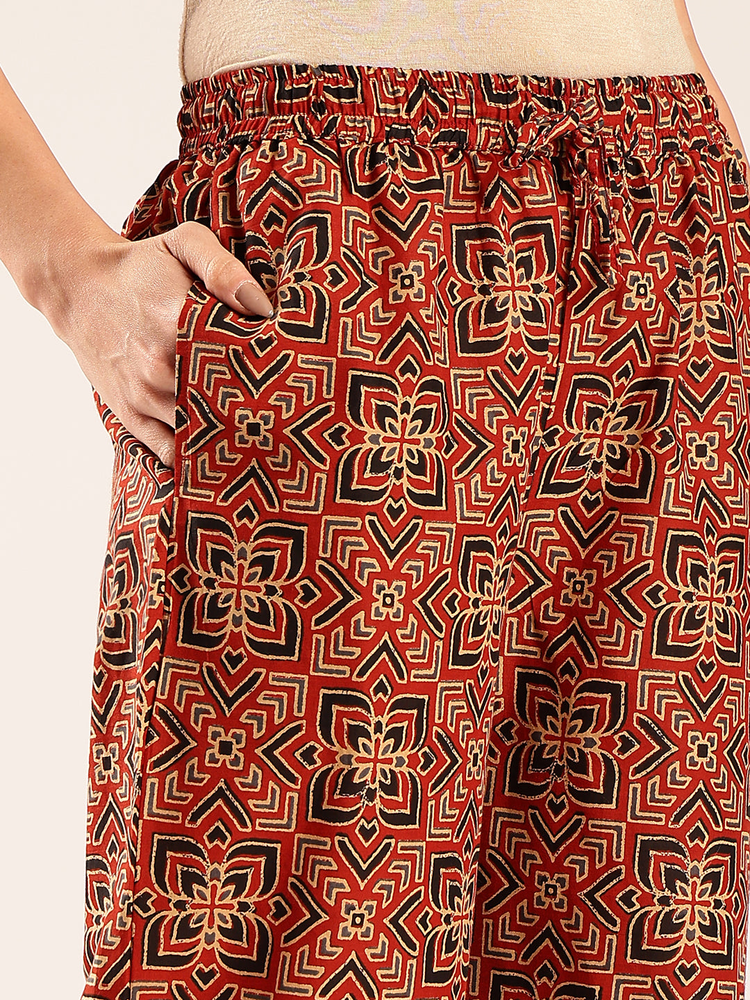 Red Ajrakh Straight Cotton Stitched Kurta With Palazzo