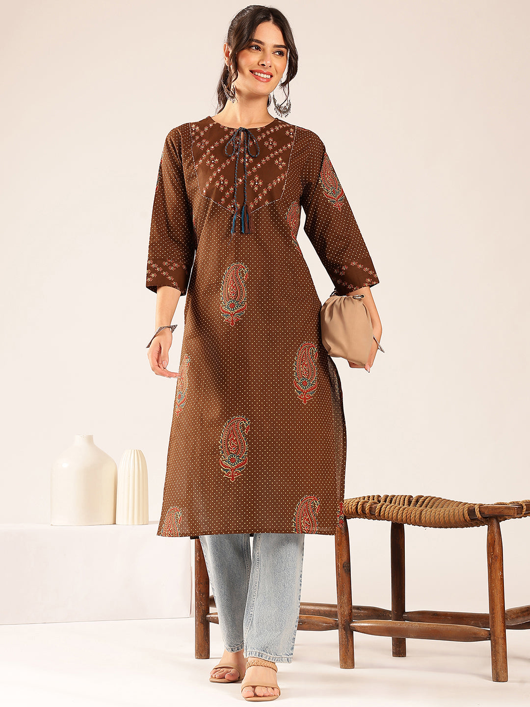 Brown Polka Dots Straight Cotton Stitched Kurta