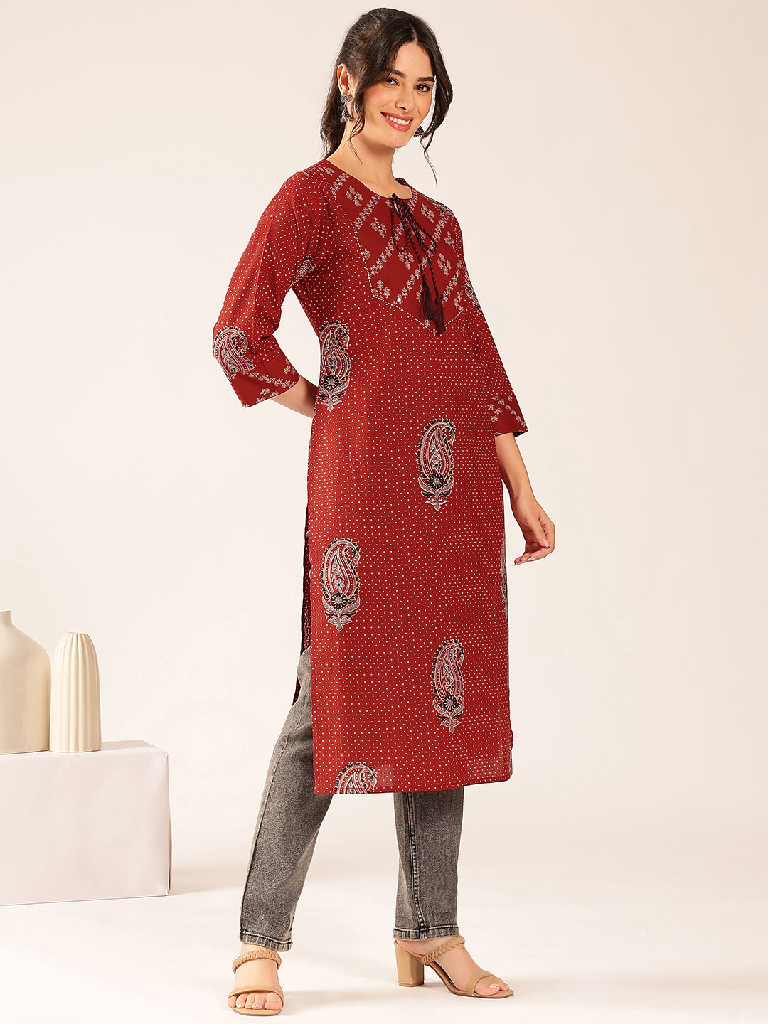 Rust Polka Dots Straight Cotton Stitched Kurta