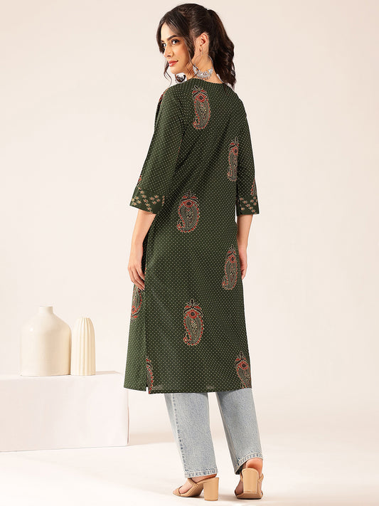 Green Polka Dots Straight Cotton Stitched Kurta