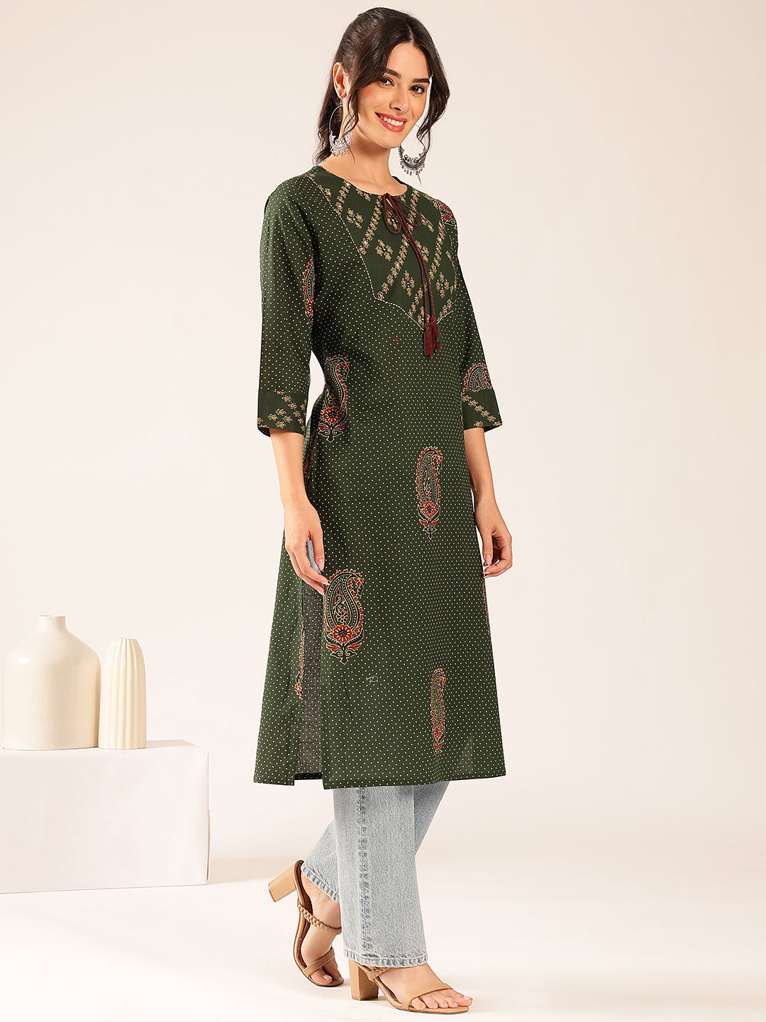 Green Polka Dots Straight Cotton Stitched Kurta