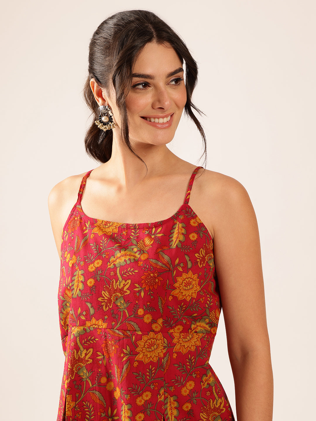 Coral Printed Flared Cotton Stitched Top