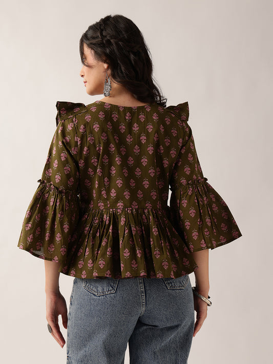 Mehendi Floral Flared Cotton Top
