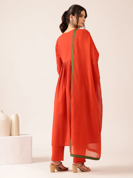 Red Solid Flared Cotton Stitched Kurta Set