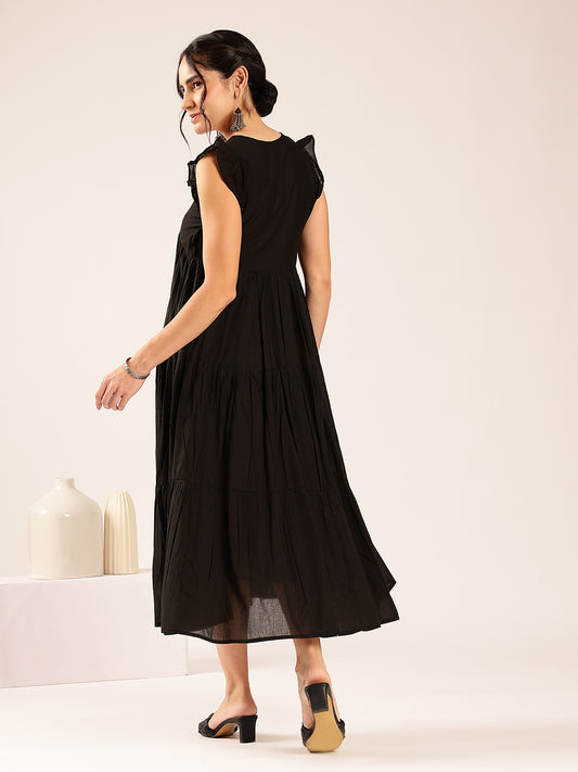 Black Solid Anarakali Cotton Stitched Dress