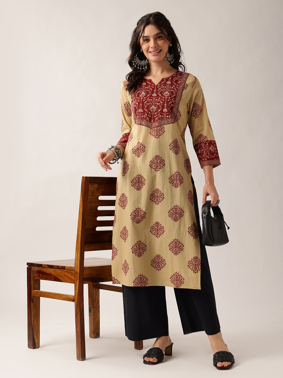 Red Floral Straight Cotton Kurta