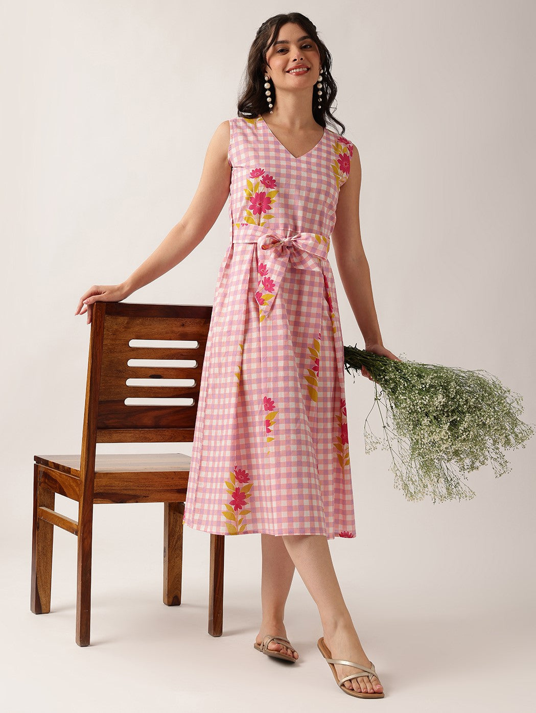 Peach Checked A-Line Cotton Dress