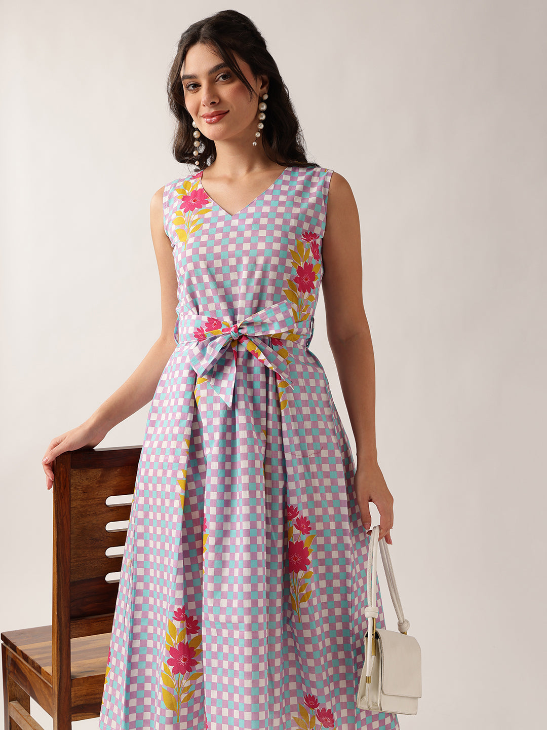 Sky Blue Checked A-Line Cotton Dress