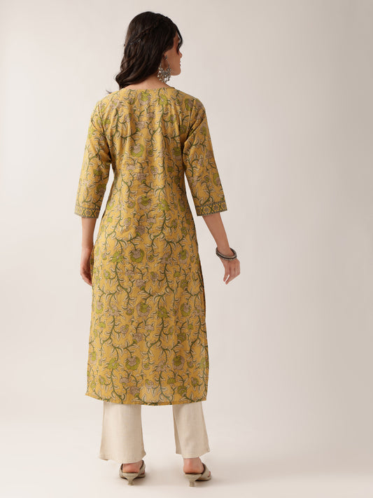 Yellow Floral Straight Cotton Kurta