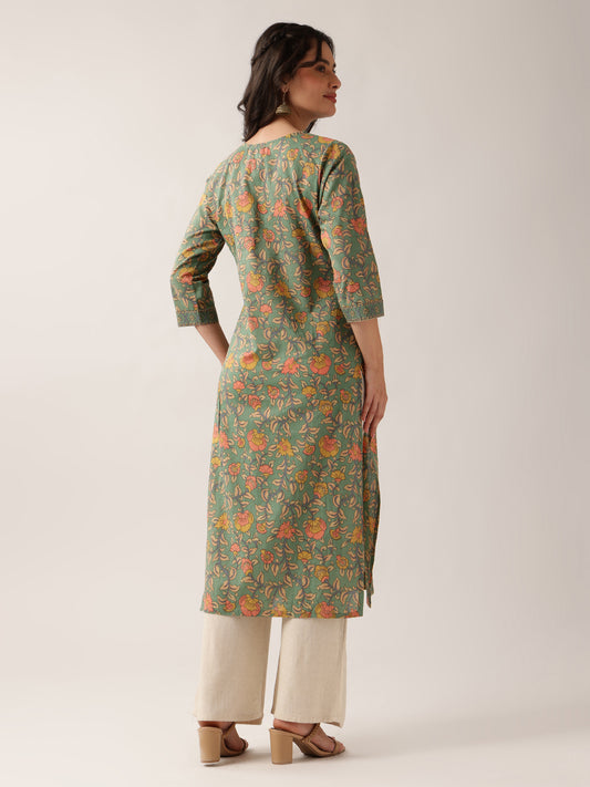 Sea Green Floral Straight Cotton Kurta