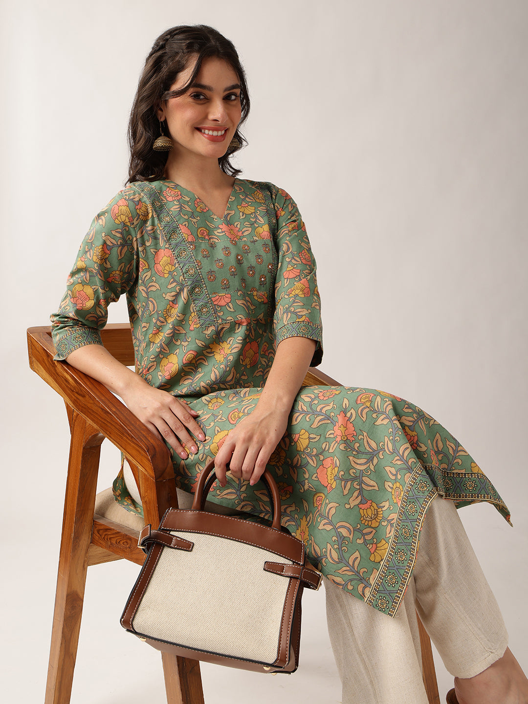 Sea Green Floral Straight Cotton Kurta