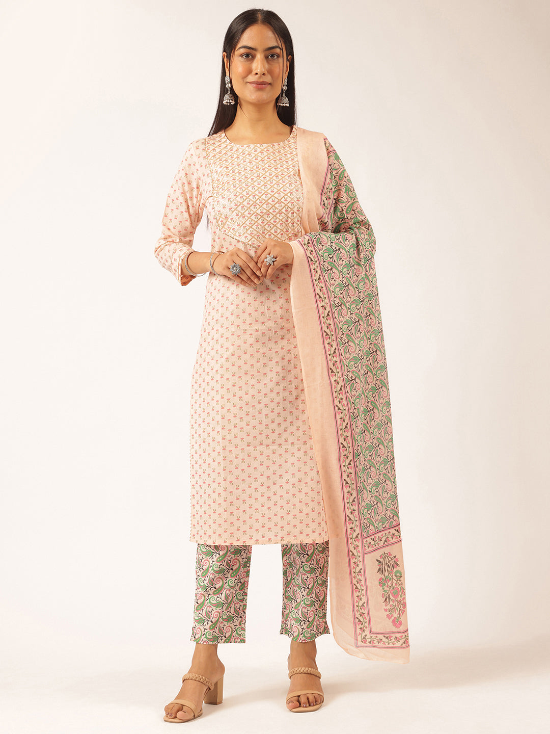 Peach Cotton Foil Printed Straight Kurta Set
