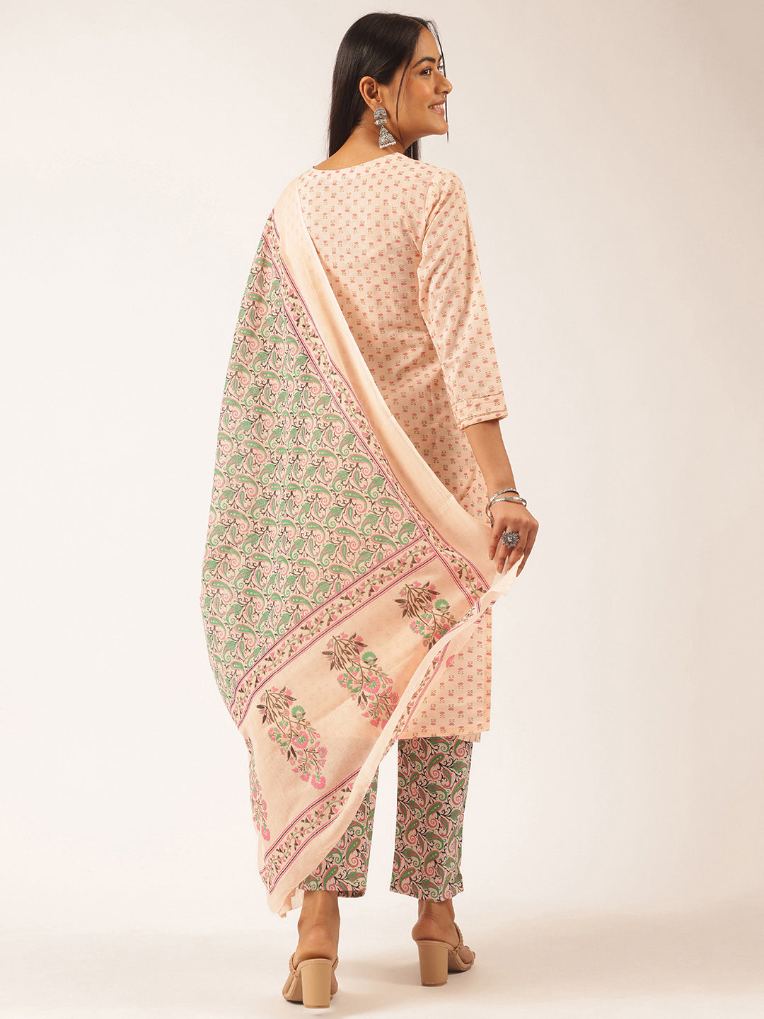 Peach Cotton Foil Printed Straight Kurta Set