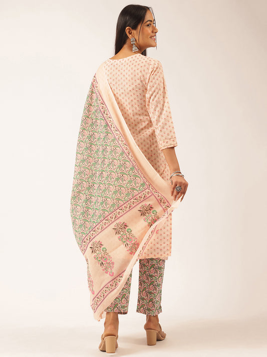 Peach Cotton Foil Printed Straight Kurta Set