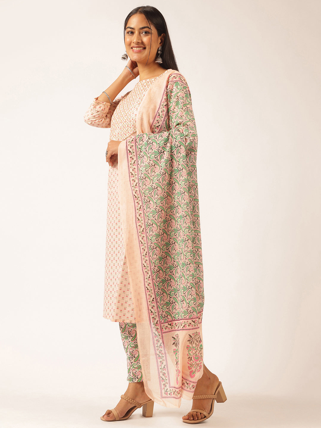 Peach Cotton Foil Printed Straight Kurta Set