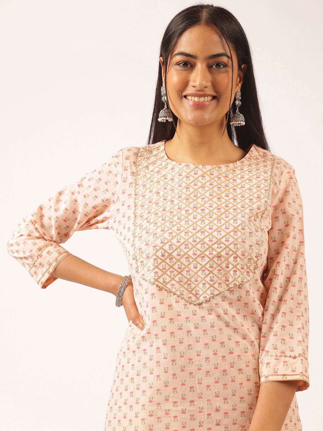 Peach Cotton Foil Printed Straight Kurta Set