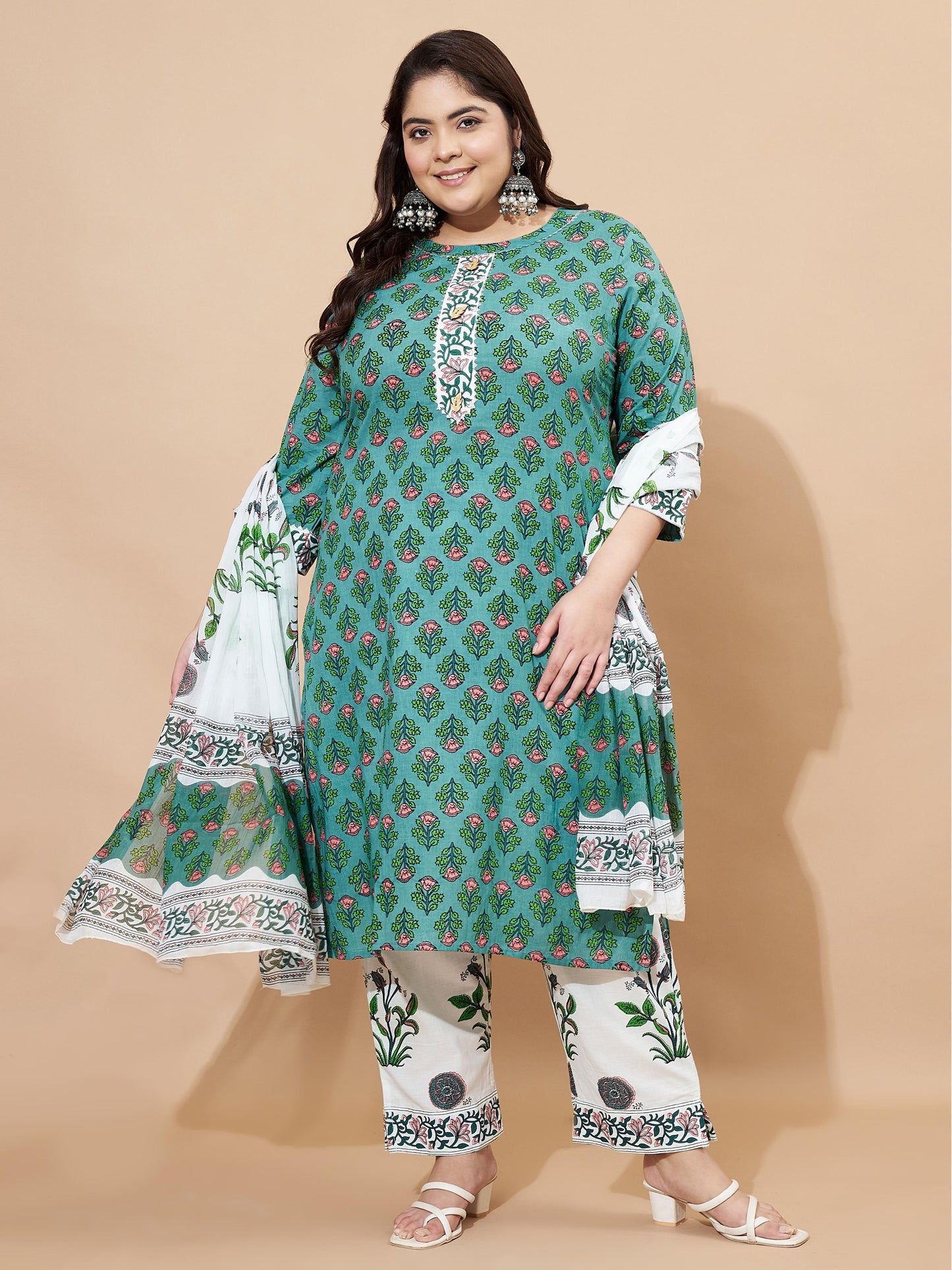 Green Floral Printed Straight Cotton Stiched Kurta Set