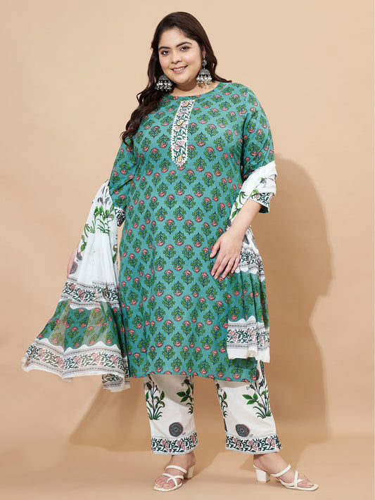 Green Floral Printed Straight Cotton Stiched Kurta Set
