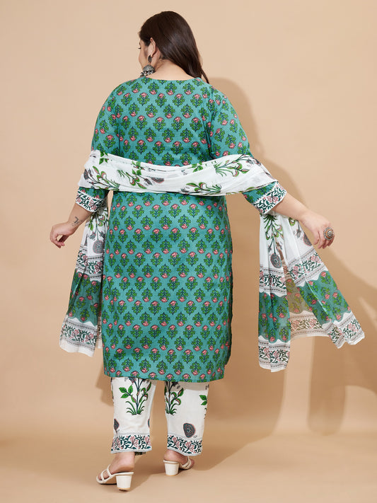 Green Floral Printed Straight Cotton Stiched Kurta Set