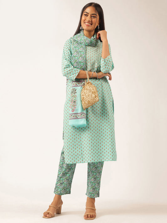 Turquoise Cotton Foil Printed Straight Kurta Set