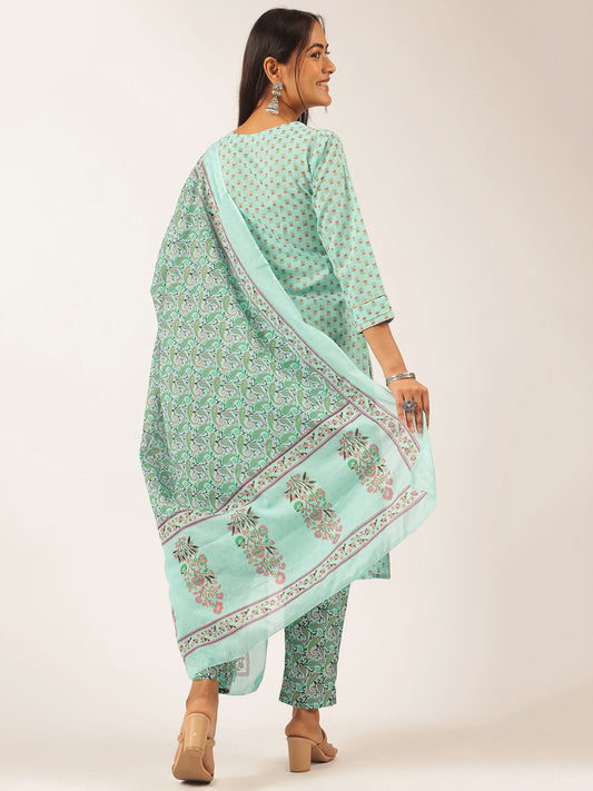 Turquoise Cotton Foil Printed Straight Kurta Set
