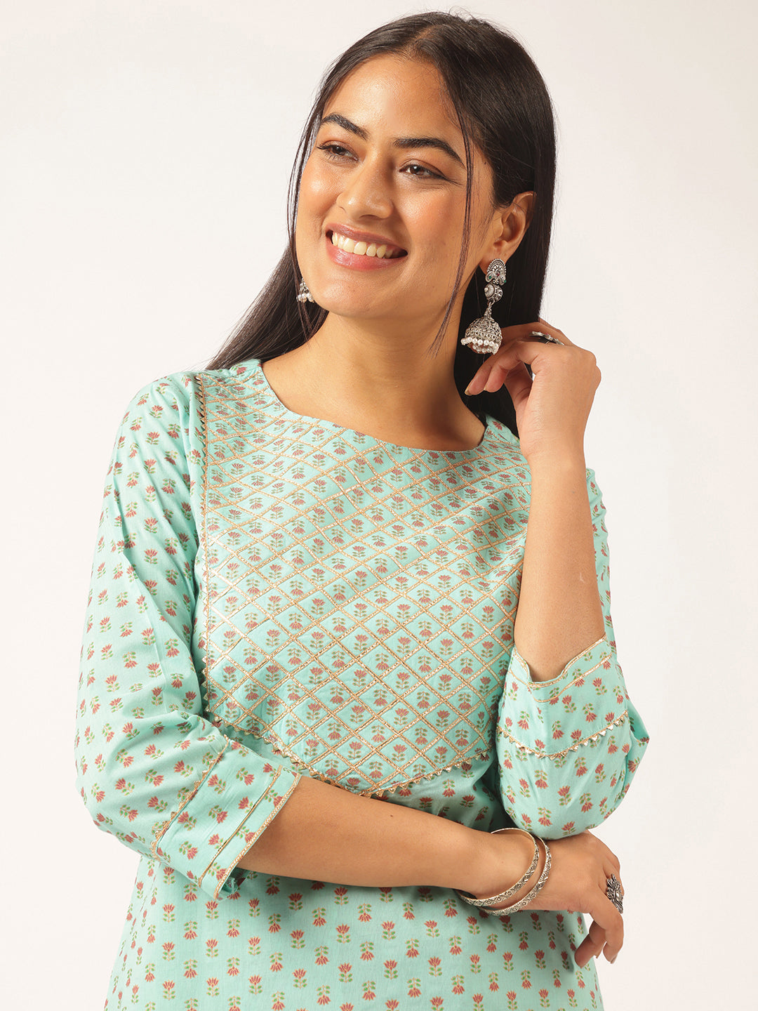 Turquoise Cotton Foil Printed Straight Kurta Set
