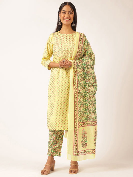 Yellow Cotton Foil Printed Straight Kurta Set