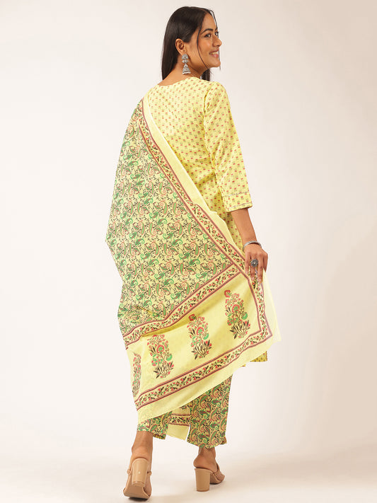 Yellow Cotton Foil Printed Straight Kurta Set