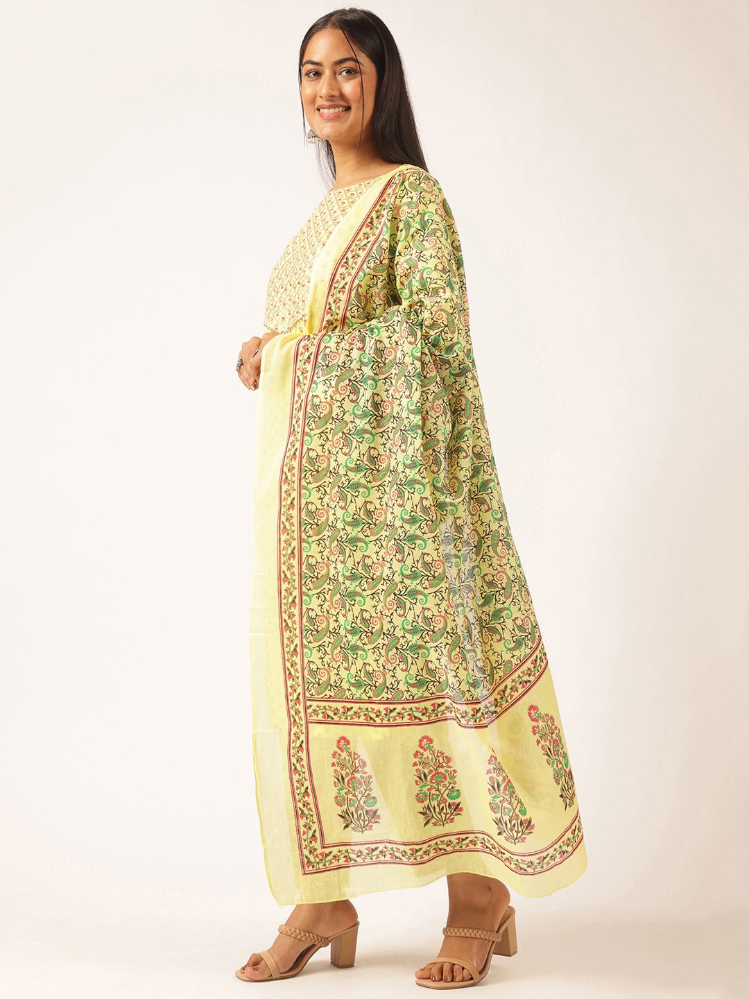 Yellow Cotton Foil Printed Straight Kurta Set
