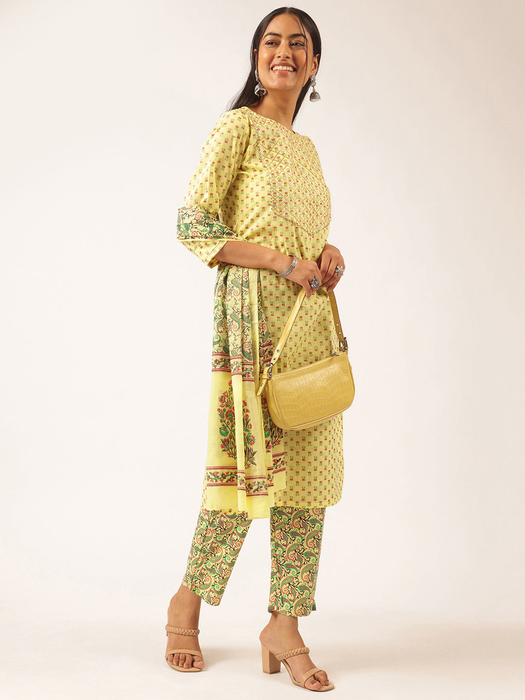 Yellow Cotton Foil Printed Straight Kurta Set