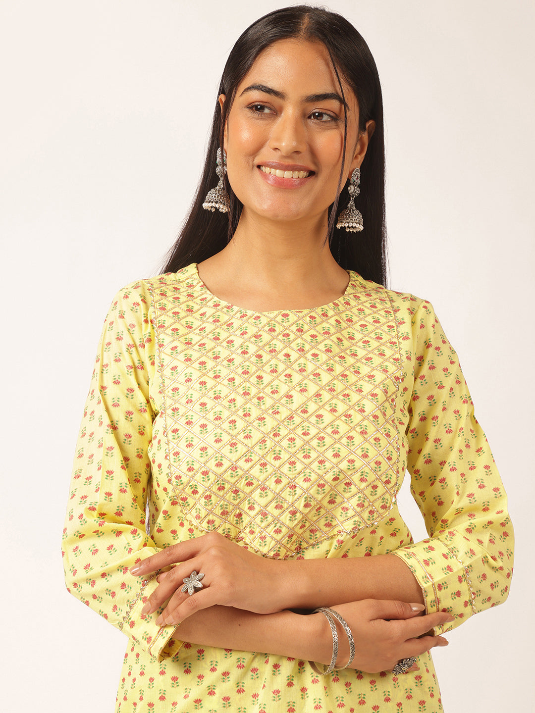 Yellow Cotton Foil Printed Straight Kurta Set