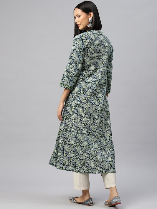 Aqua Embroidered A-Line Cotton Kurta