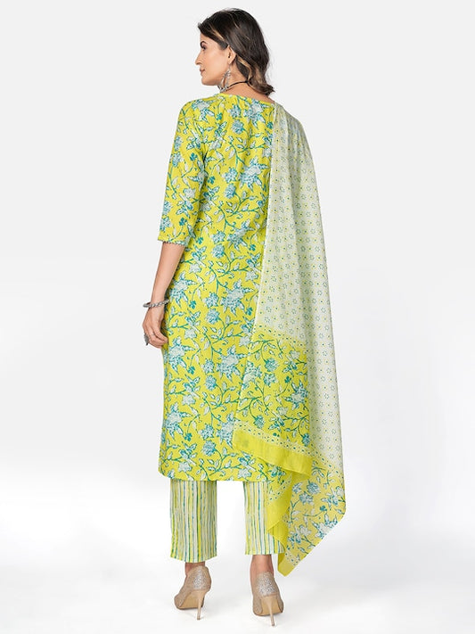 Lime Green Embroidered Straight Cotton Kurta Set