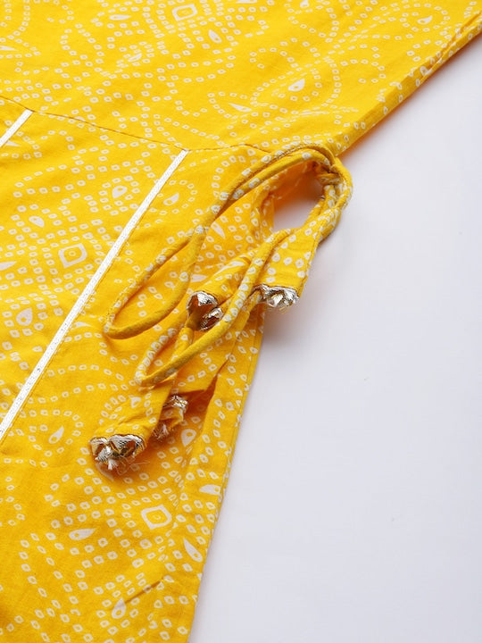 Yellow Bandhani Anarkali Cotton Kurta Set