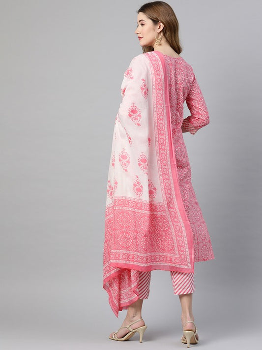 Light Pink Embroidered Straight Cotton Kurta Set