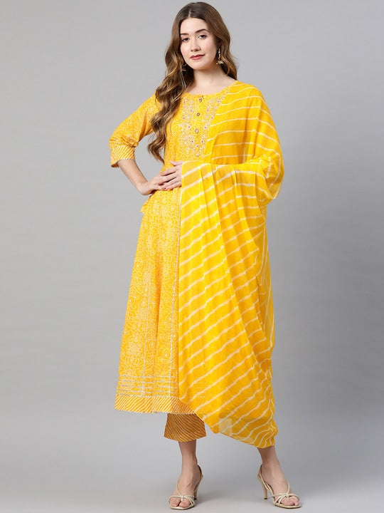 Yellow Bandhani Anarkali Cotton Kurta Set