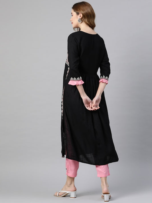 Black Embroidered A-line Rayon Kurta Pant