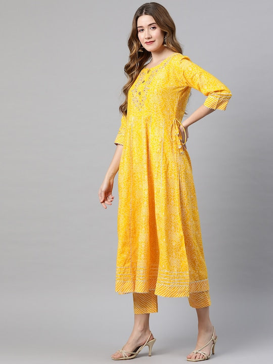 Yellow Bandhani Anarkali Cotton Kurta Set