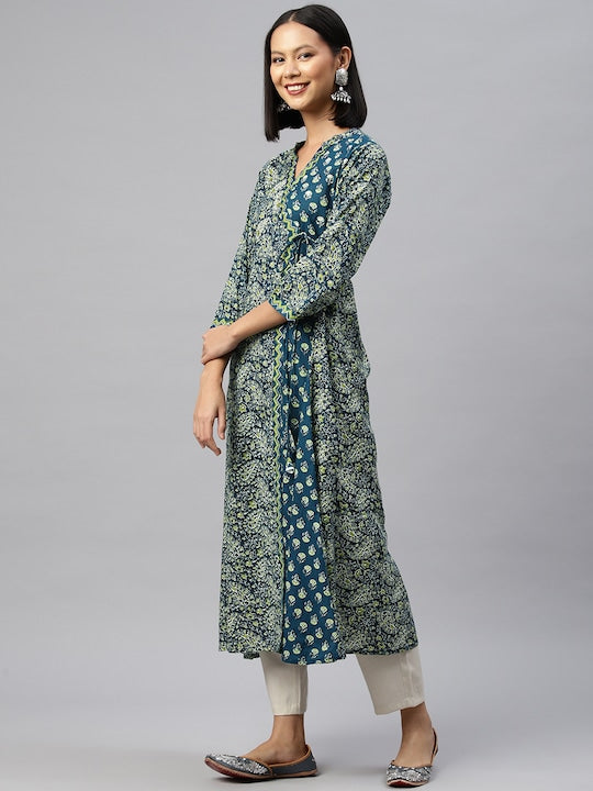 Aqua Embroidered A-Line Cotton Kurta