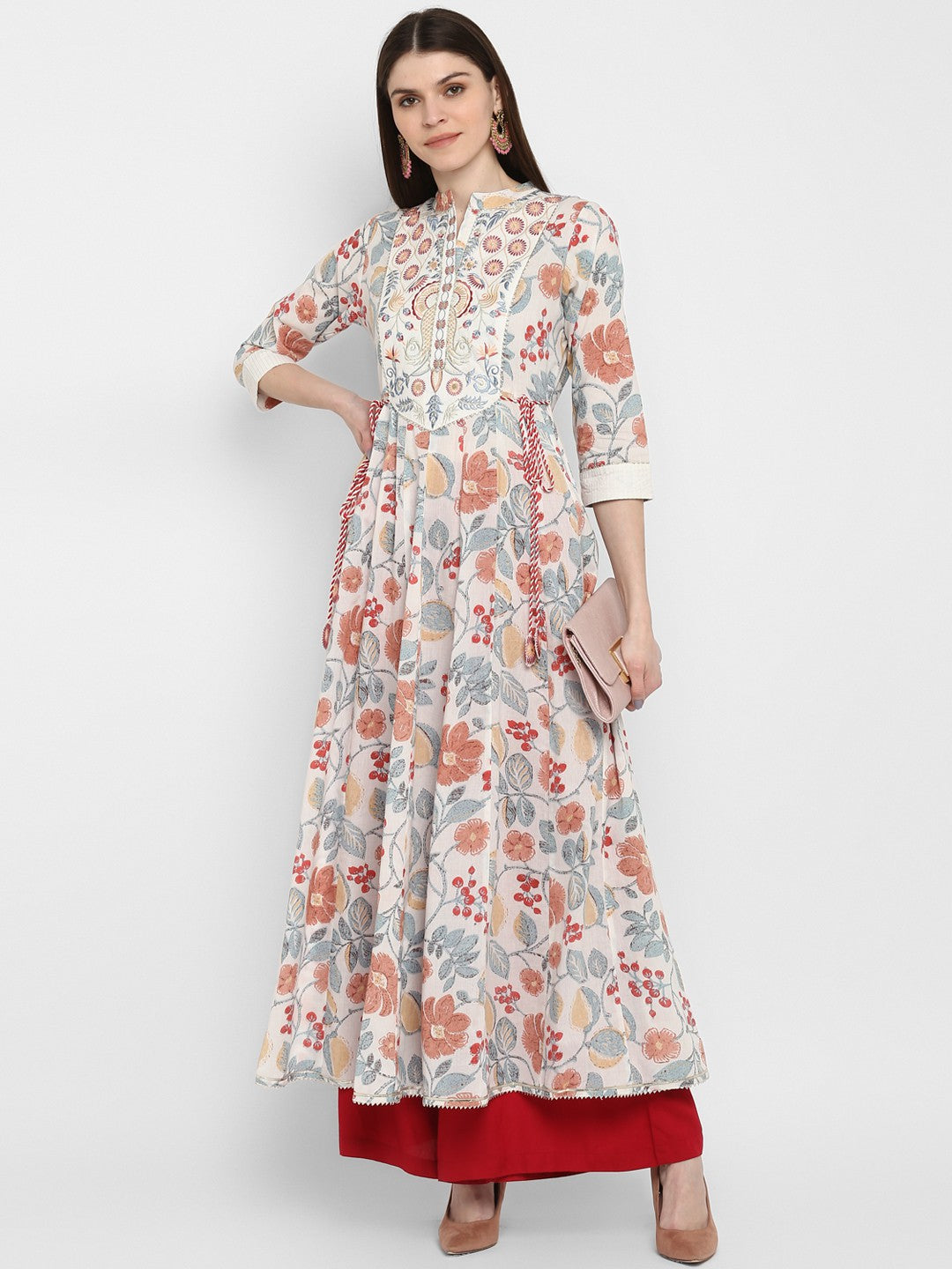 Off White Embroidered Anarkali Cotton Kurta