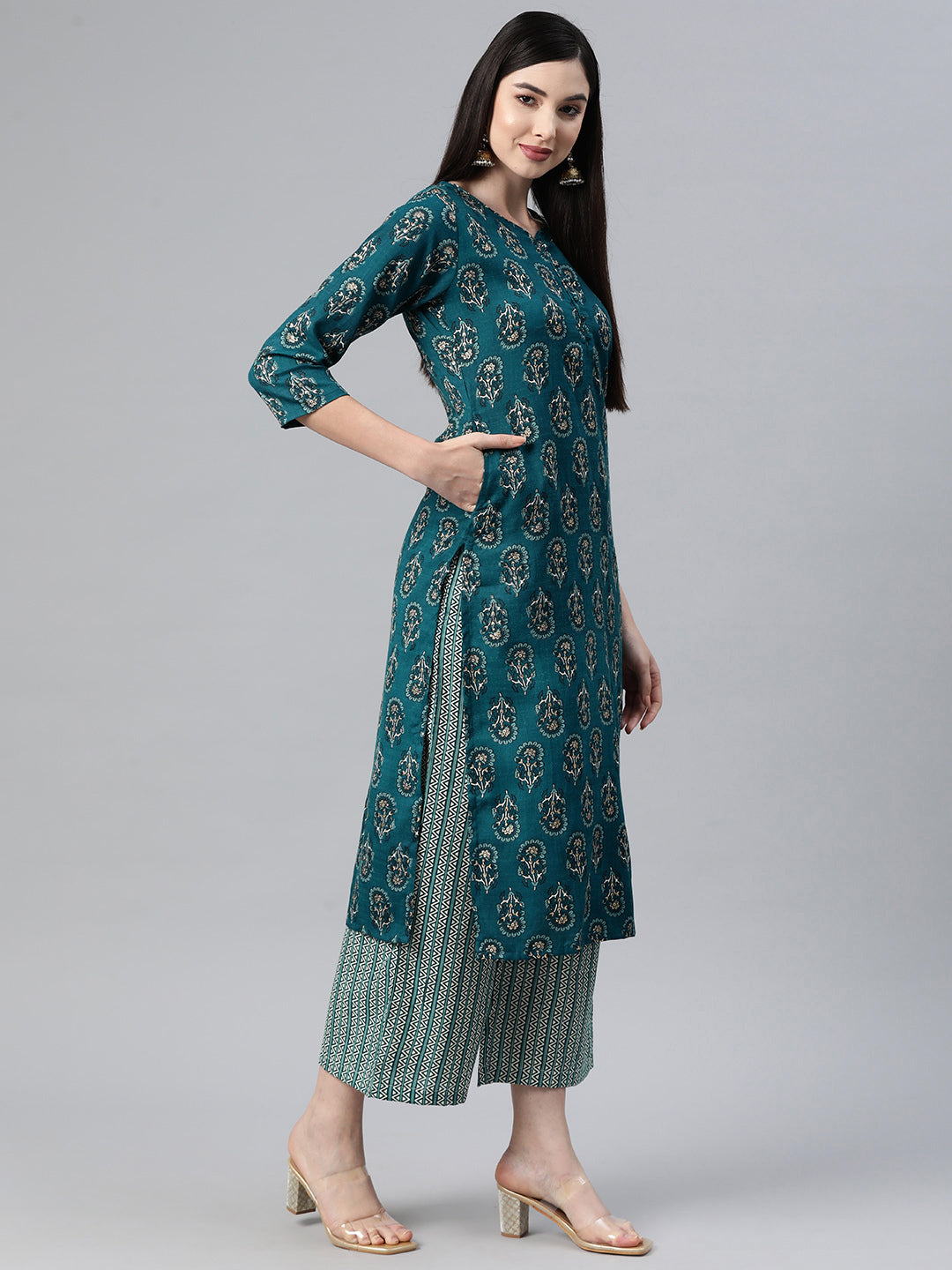 Aqua Embroidered Straight Cotton Kurta Set