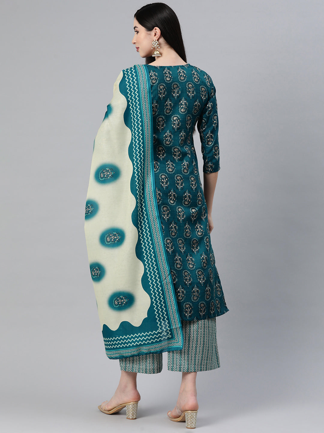 Aqua Embroidered Straight Cotton Kurta Set